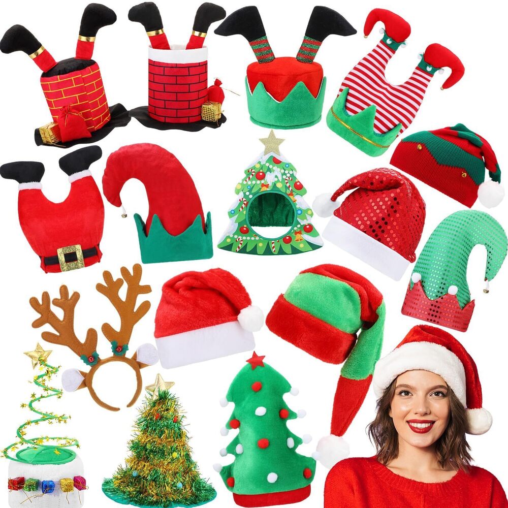 3988 16 Pieces Christmas Hats Bulk, Funny Christmas Hats, Novelty Santa